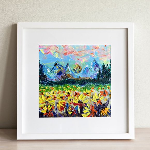 Sunflower Colorado Rocky Mountains Sunset 12x12” Original impasto 3d Oil Paintin - Picture 6 of 12